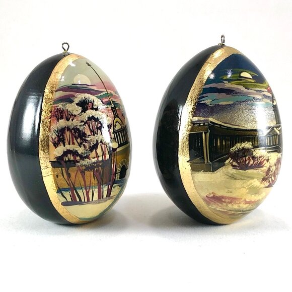 Russian Hand Painted Wooden Eggs Orthodox Christian black lacquer ornaments - Picture 9 of 12